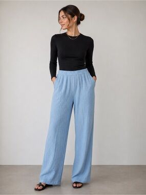 Salty Weekend Light Blue crinkle texture Wide-Leg Women's Pants size small beach